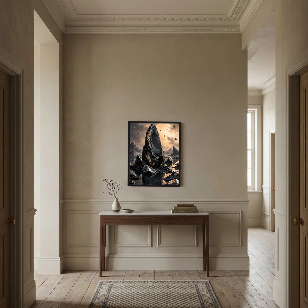 Hochformatposter im Rahmen: schwarzer Obsidian-Monolith mit goldfarbenen Details und Felsen