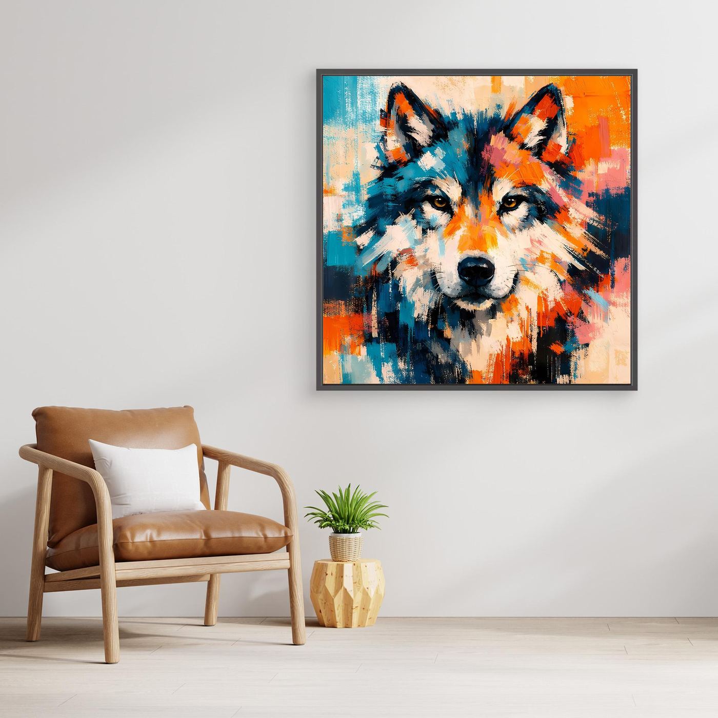 Framed abstract wolf portrait canvas with blue orange and cream textured brushwork