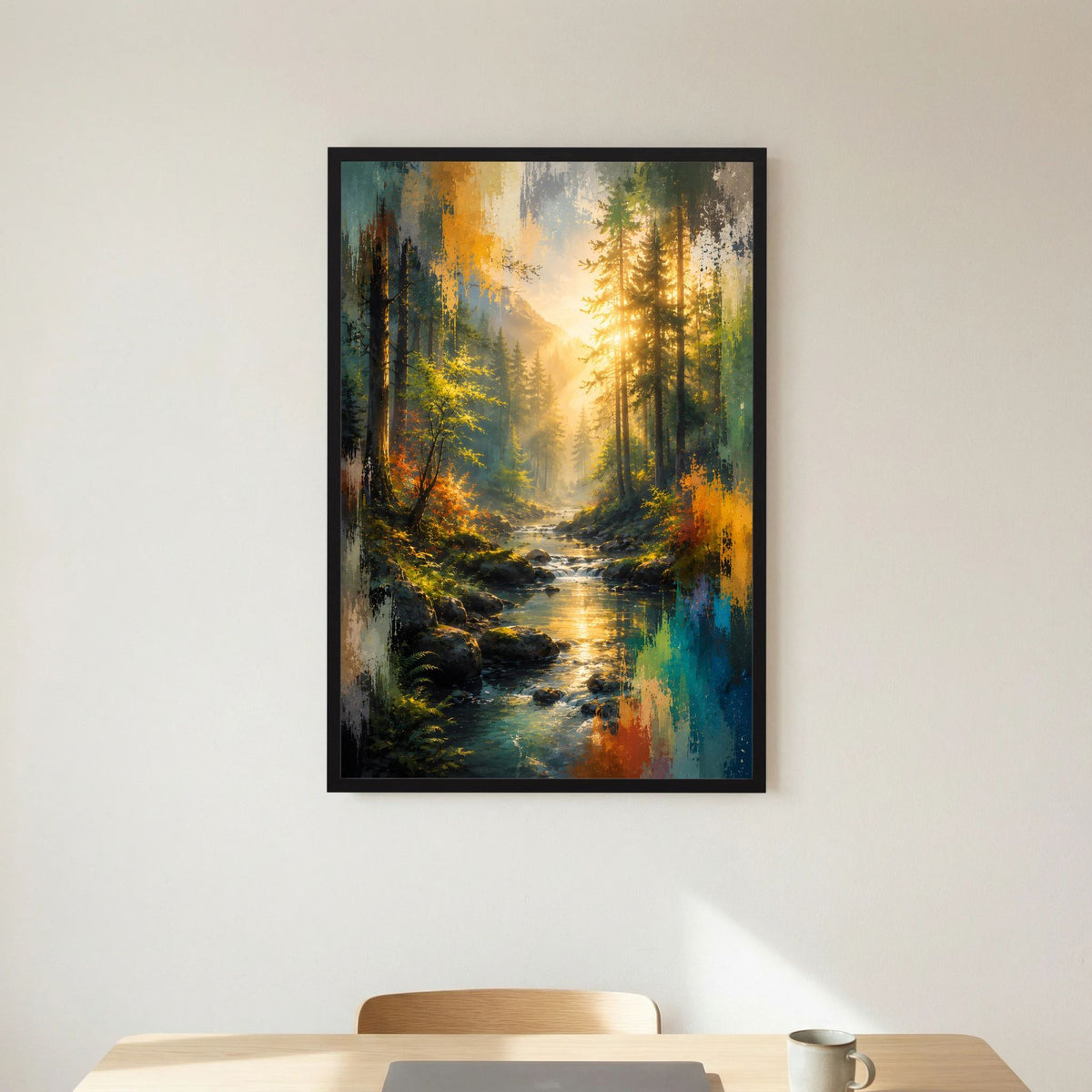 Kunstposter im schwarzen Rahmen mit Waldweg und Bach, leuchtend gelb und blau