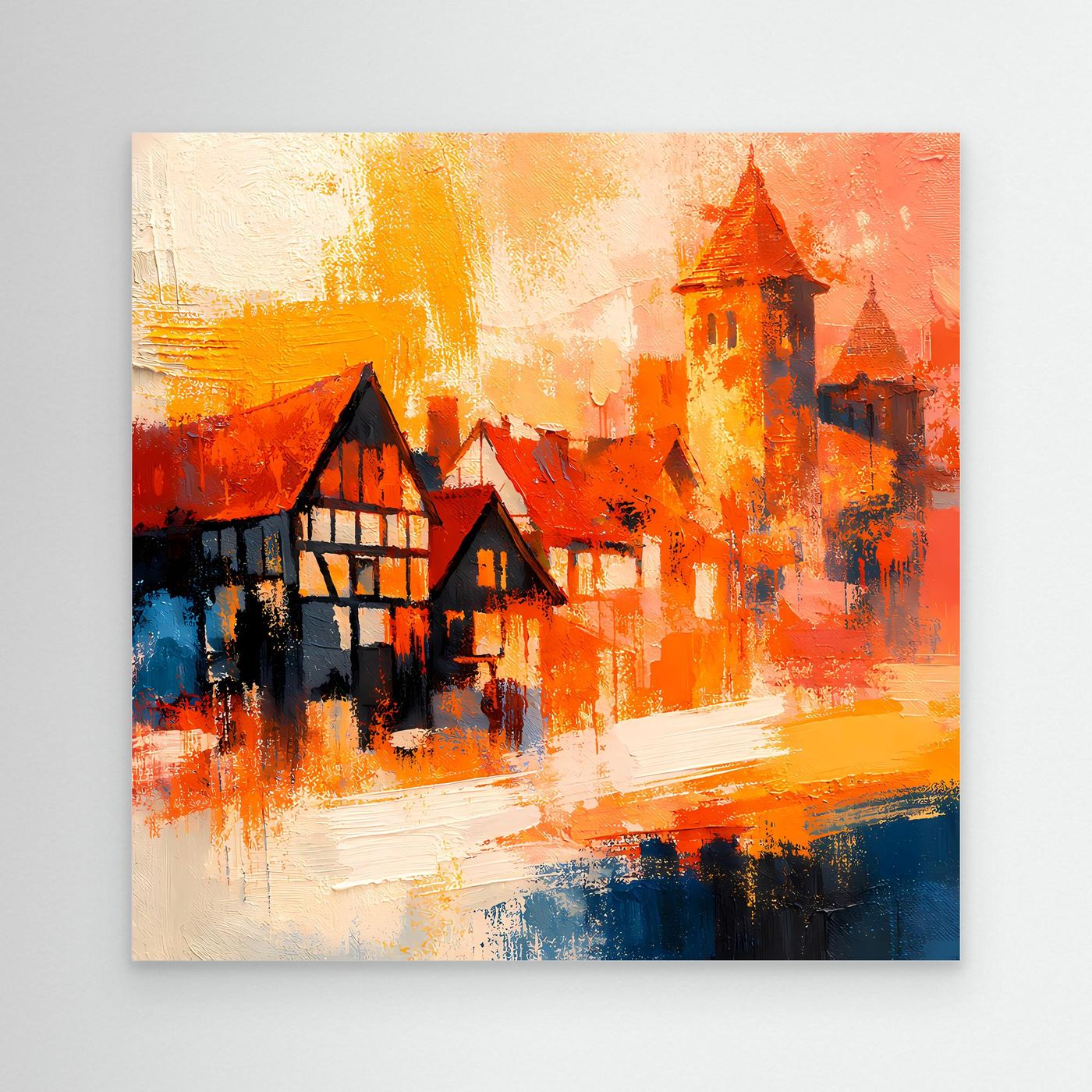 Premium Leinwand Romantische Altstadt im Farbenrausch | Modernes Fachwerk Wandbild abstrakt