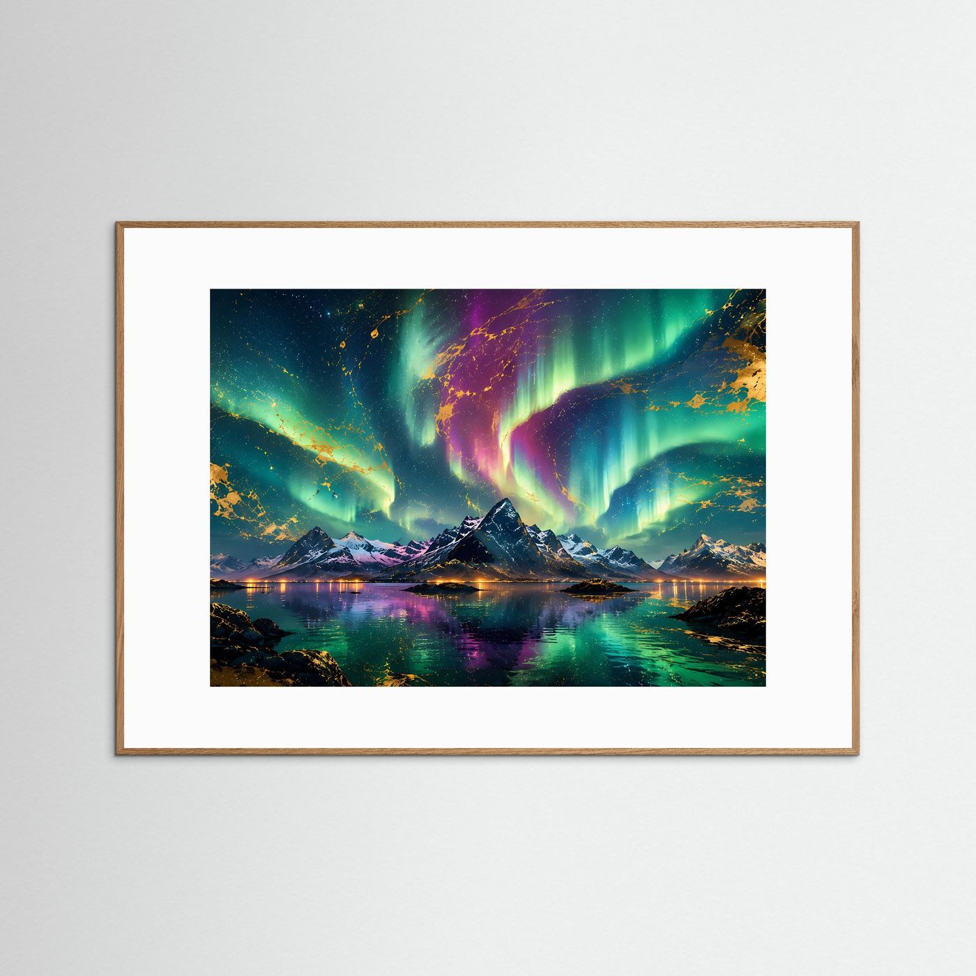 Nordlichter Poster | Aurora Borealis über Bergen | Abstrakte Landschaftskunst mit Gold | Polarlichter Wandbild | Premium Leinwand & Moderne Wall Art