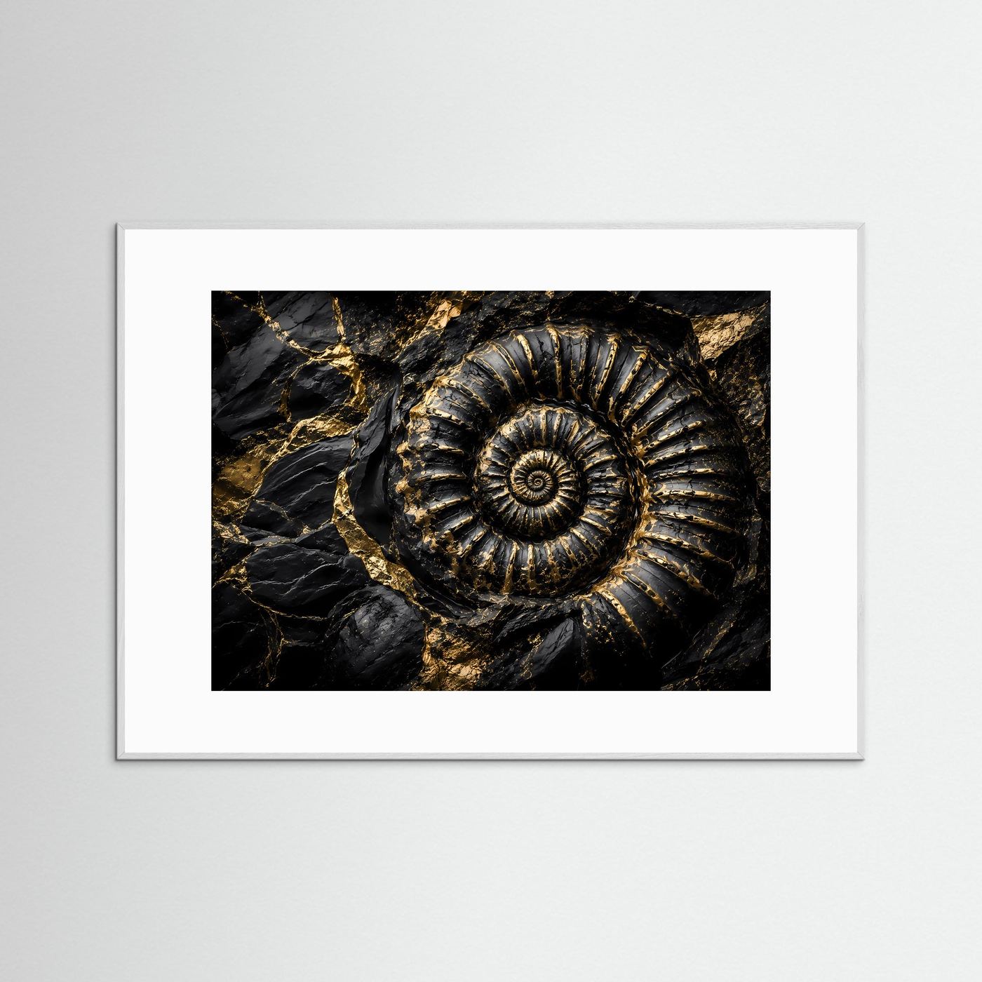 Ammonit Fossil Wandbild | Schwarz Gold Kunst | Geologie Poster | Luxus Leinwand | Prähistorische Natur Wanddeko | Moderne Wall Art