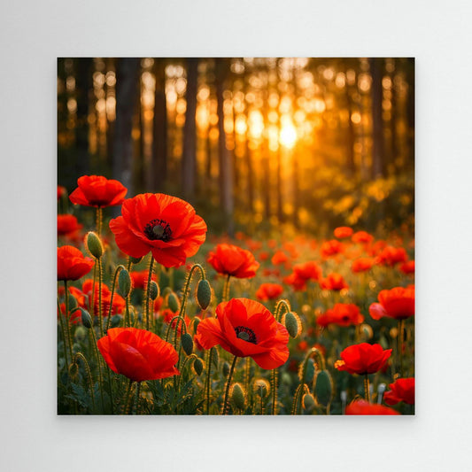 Leinwandbild mit roten Mohnblumen im goldenen Wald bei Sonnenuntergang