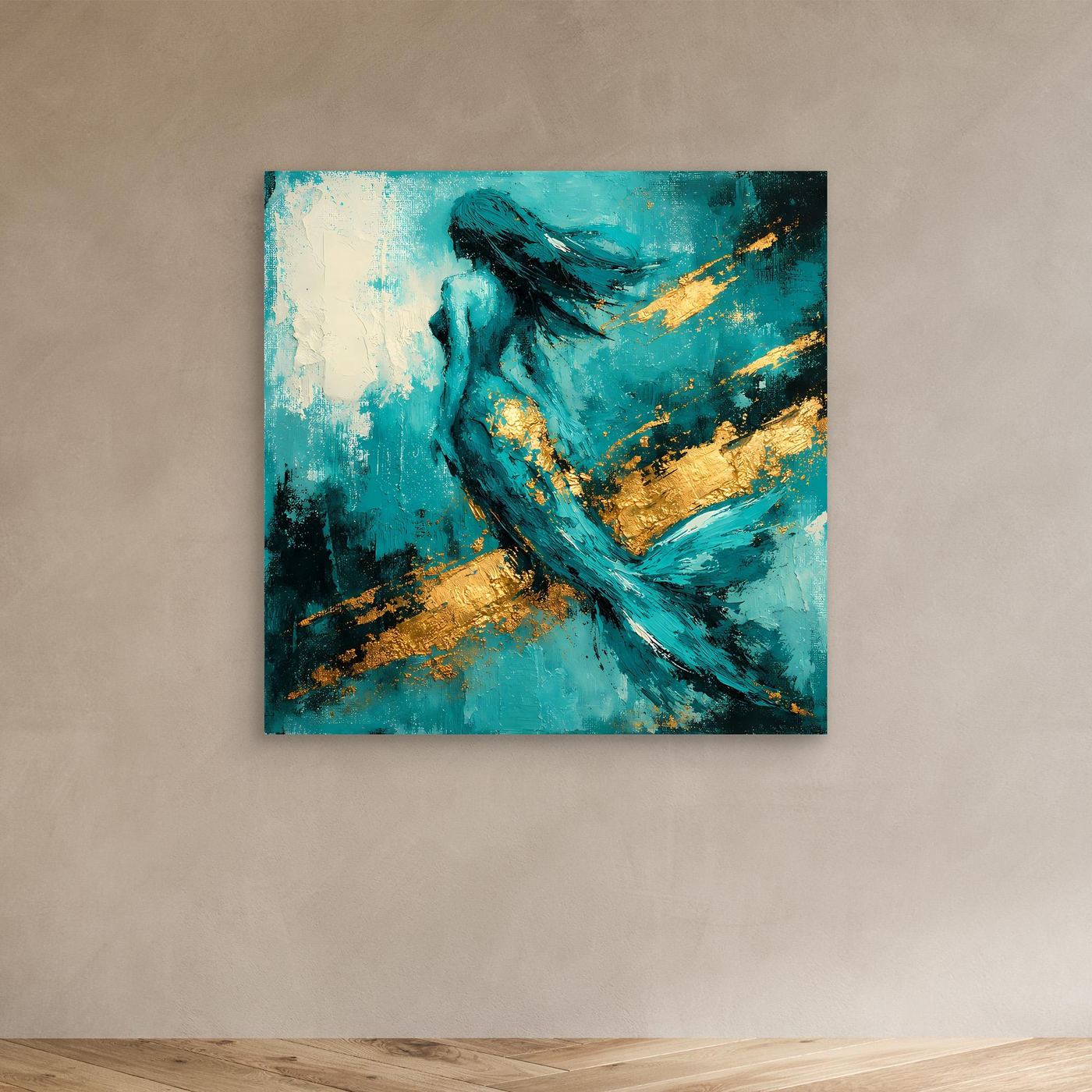 Leinwand Elegante Meerjungfrau in Türkis | Abstraktes Nixen Wandbild Gold Blau