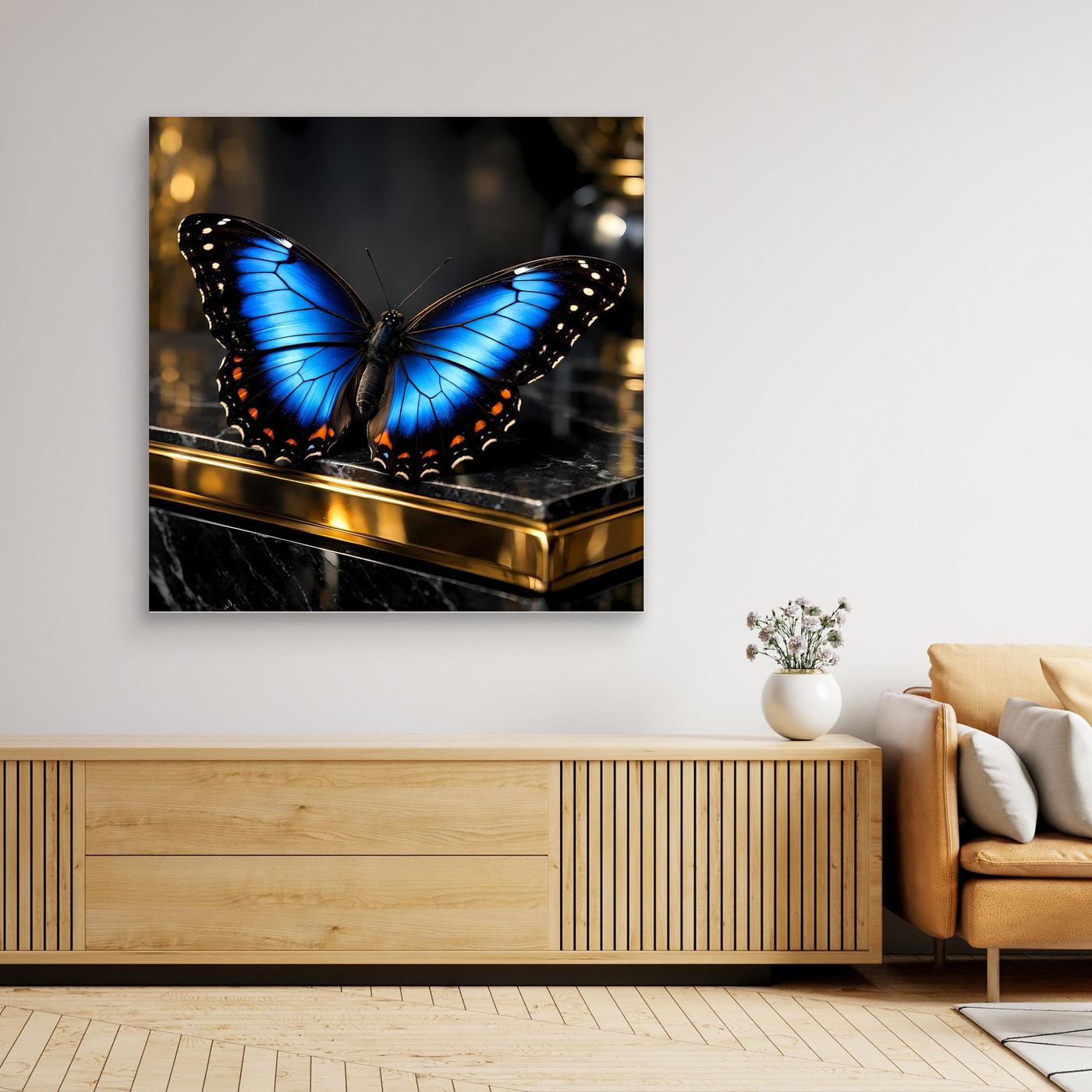 Leinwandbild mit blauem Schmetterling, goldener Leiste und dunklem Hintergrund, gerahmt