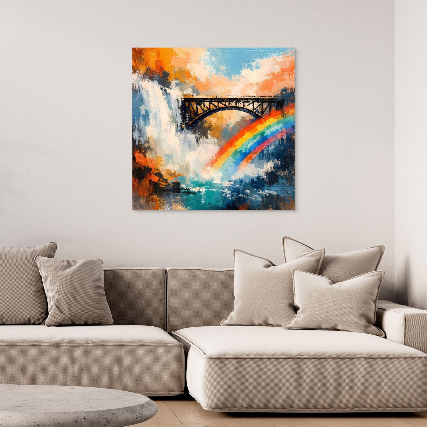 Wandbild mit abstraktem Wasserfall, Brücke und Regenbogen, rechteckig