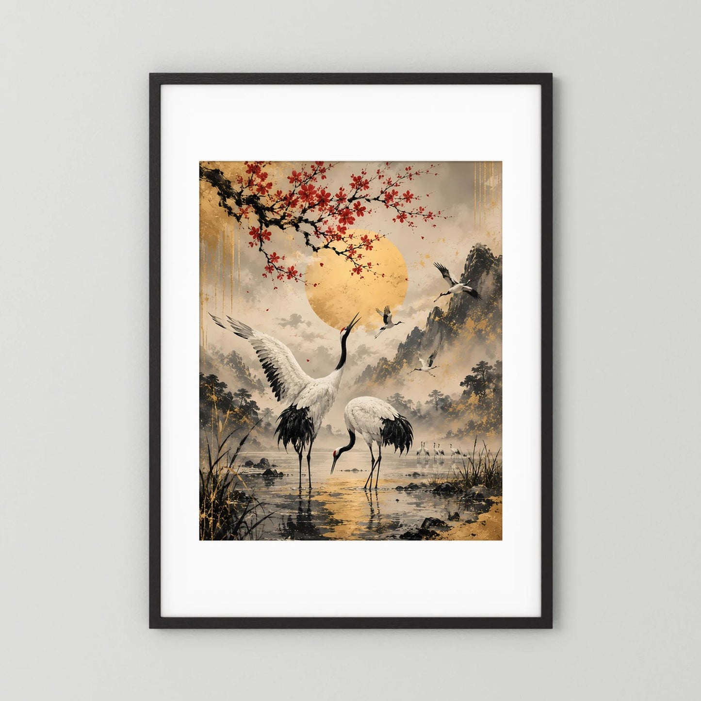 Poster im Hochformat: Kraniche, roter Blütenzweig und goldene Sonne, schwarzer Rahmen
