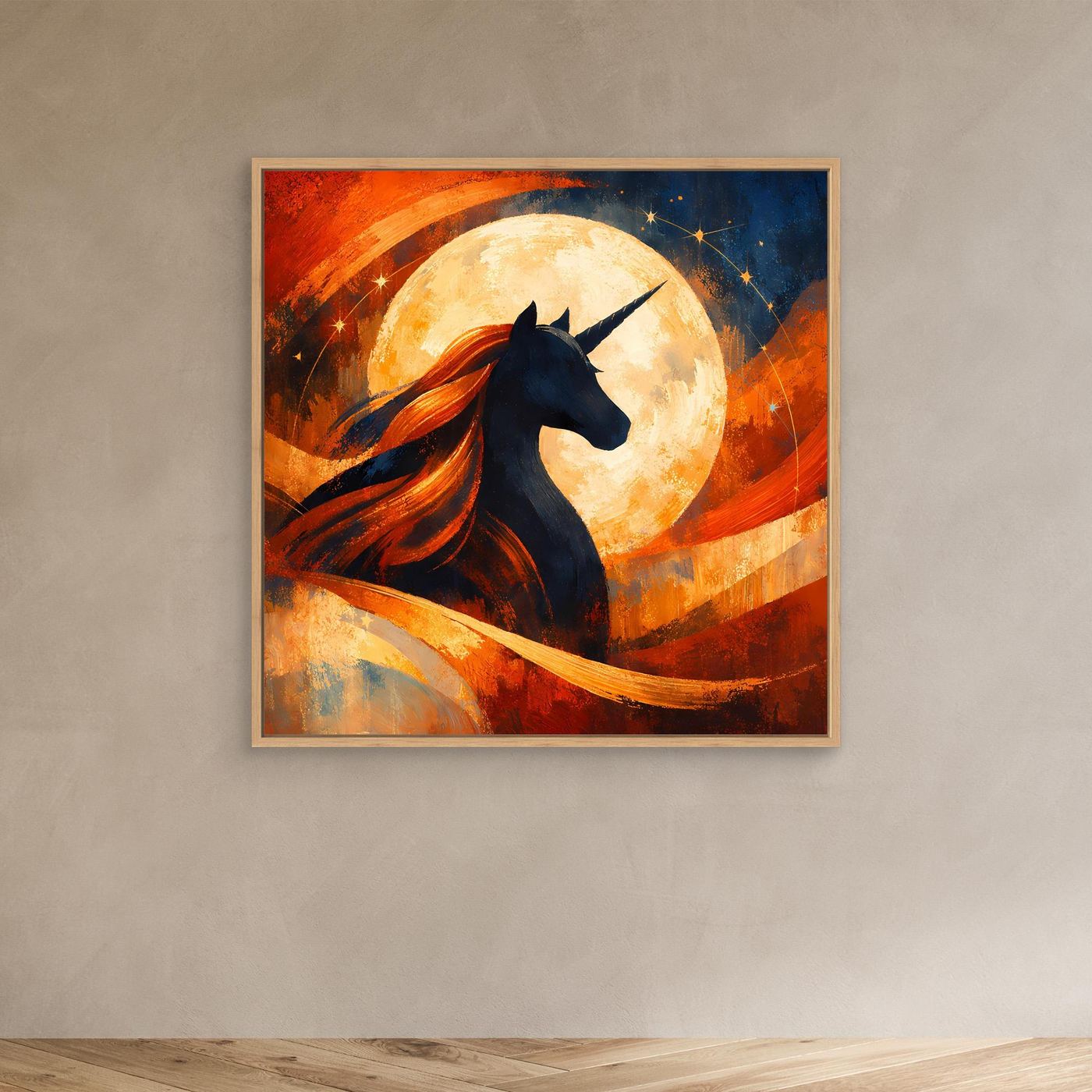 Leinwandbild mit Einhorn-Silhouette, Vollmond und orange-roten Pinselstrichen, Eiche-Rahmen