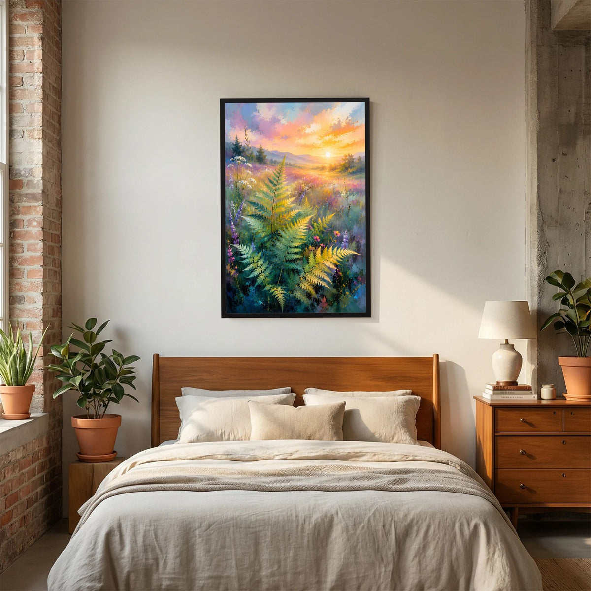 Poster im Hochformat mit Farnlandschaft in Pastellfarben und Sonnenaufgang, schwarzer Rahmen