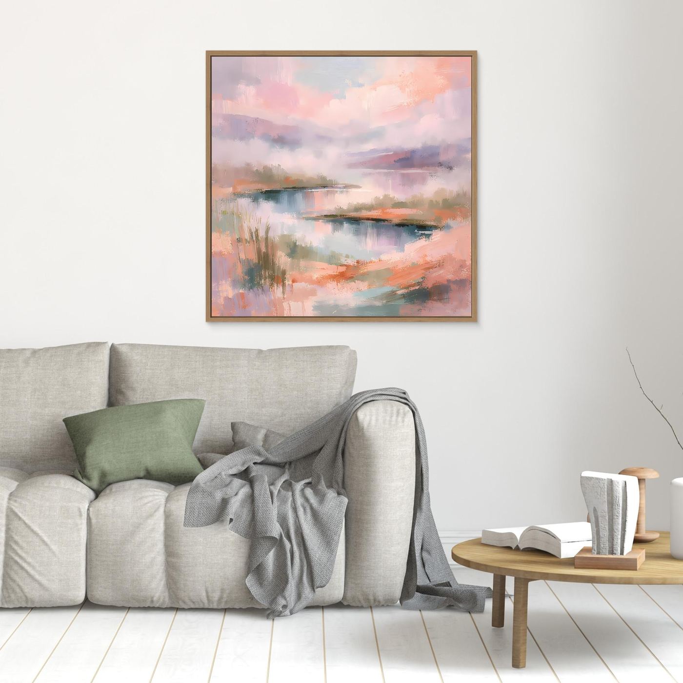 Pastellfarbenes abstraktes Seenlandschaft-Wandbild auf Leinwand, brauner Rahmen