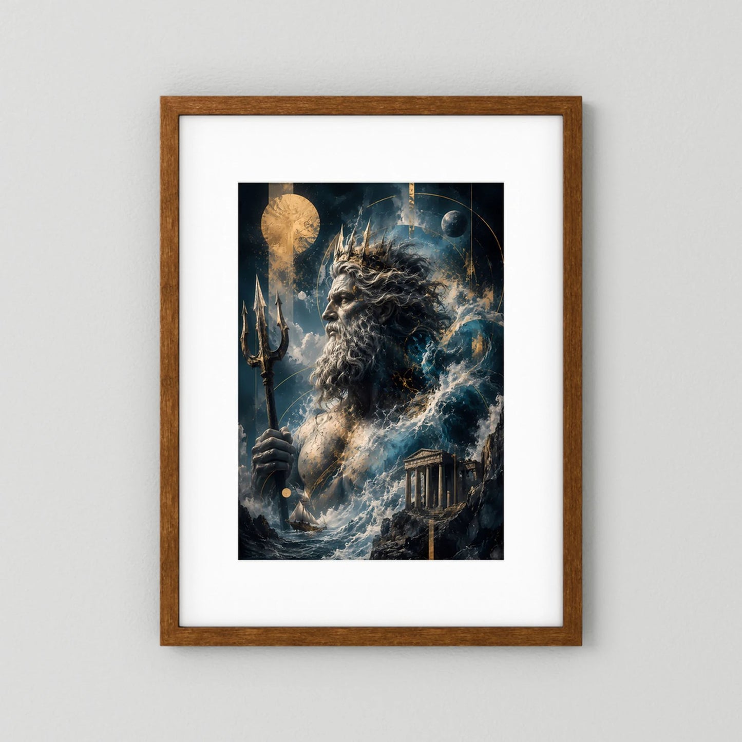 Hochformat-Poster mit Poseidon-ähnlicher Figur, Dreizack und Wellen, im braunen Holzrahmen