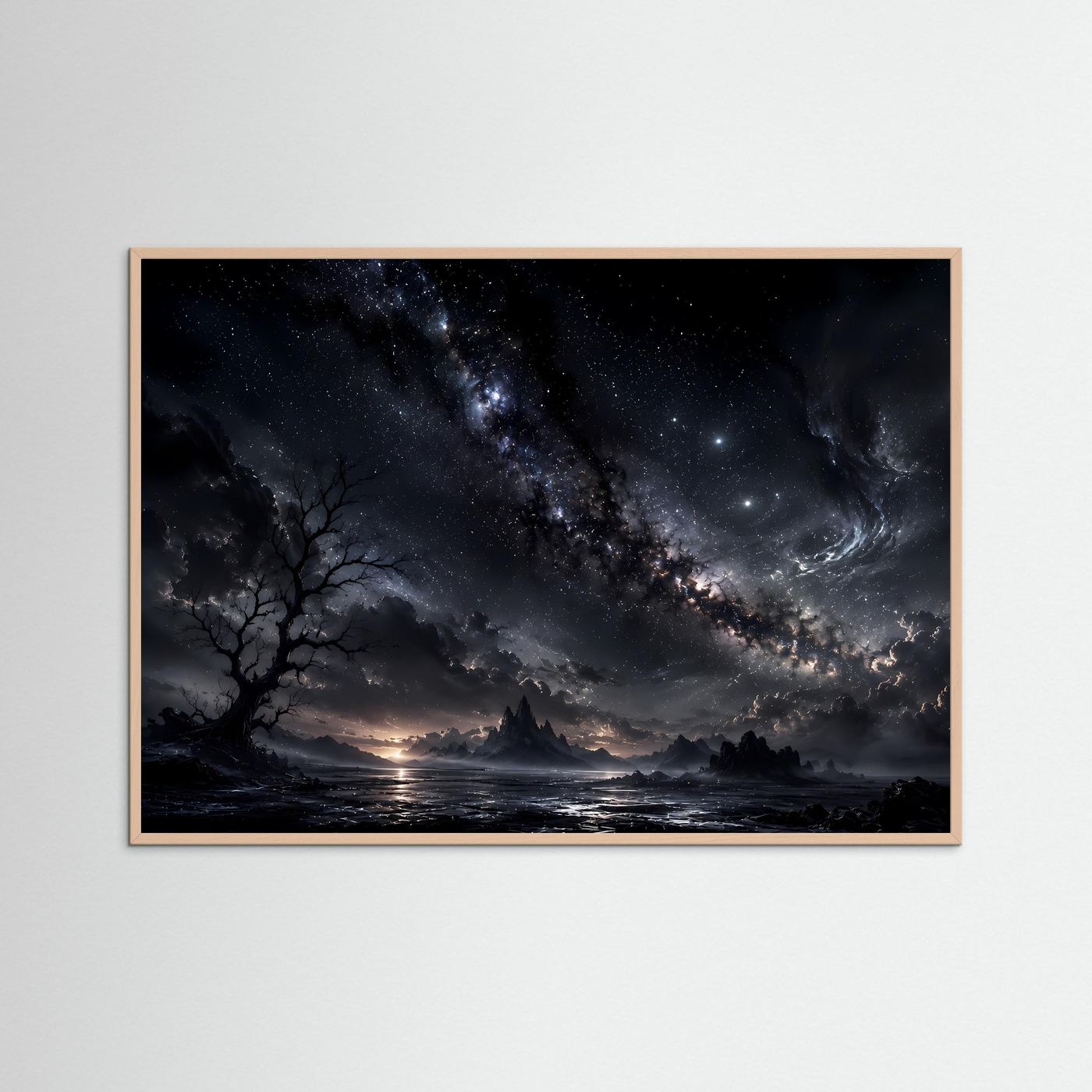 Milchstraße Poster Schwarz Weiß | Mystischer Sternenhimmel Landschaft | Kosmische Nacht Wandbild | Fantasy Himmel | Moderne Himmelskunst