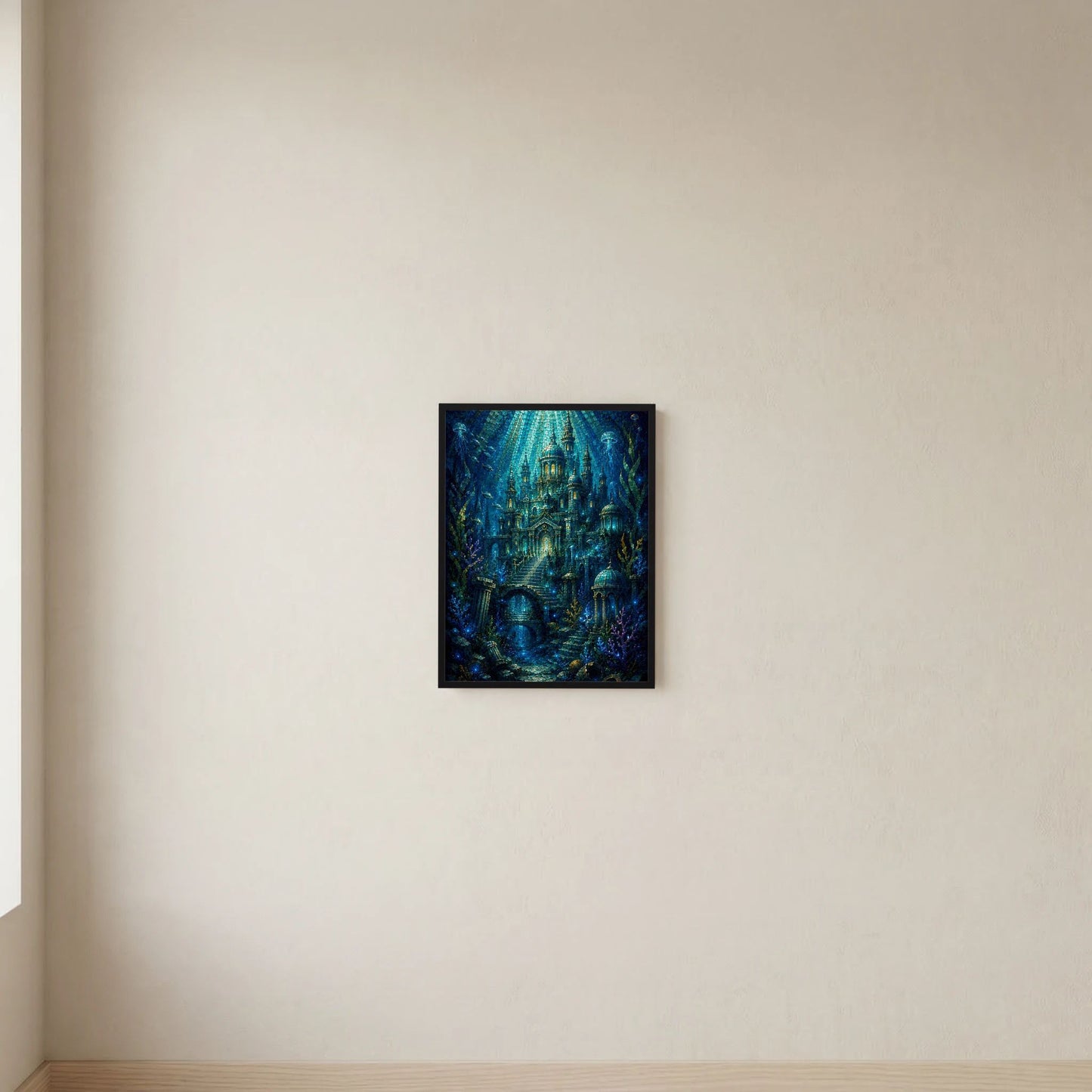 Hochformat-Poster mit schwarzem Rahmen: Unterwasserstadt-Motiv in Blau und Grün
