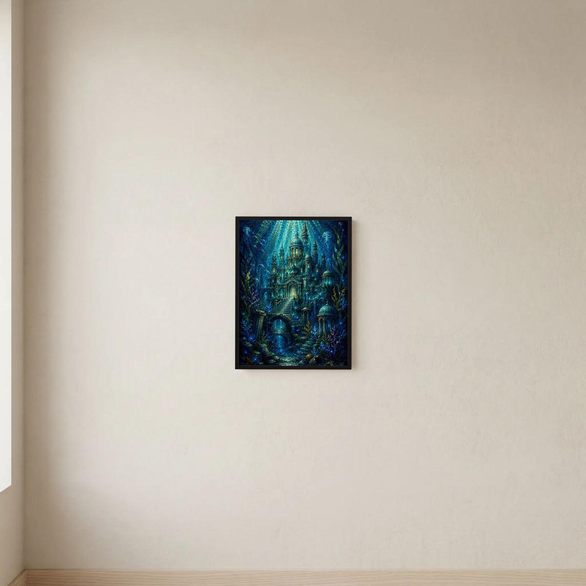 Hochformat-Poster mit schwarzem Rahmen: Unterwasserstadt-Motiv in Blau und Grün