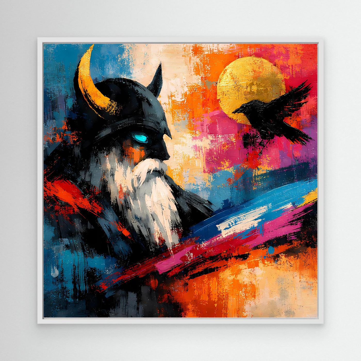 Abstraktes Leinwand-Wandbild mit Odin und schwarzem Rabenmotiv im weißen Rahmen
