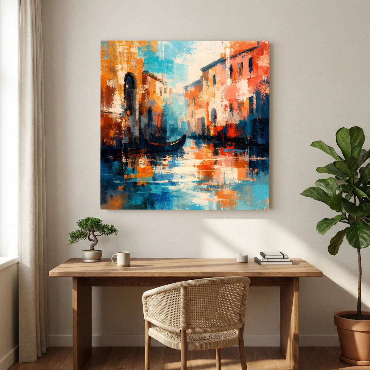 Abstraktes Leinwand-Wandbild mit Gondel im venezianischen Kanal, orange, blau und dunkle Kontraste