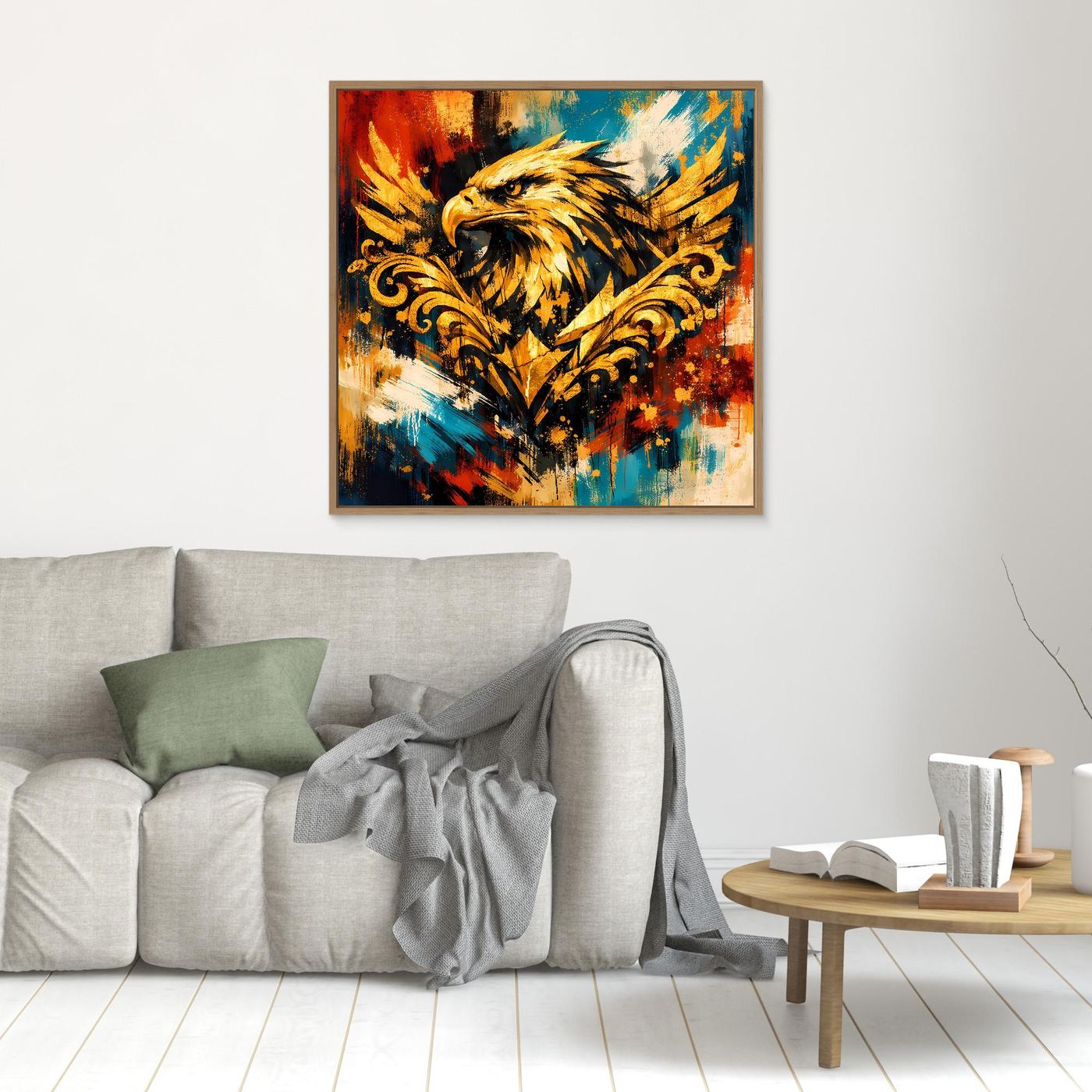 Leinwand-Wandbild mit goldenem Adler im Barockstil, abstrakt, goldfarben gerahmt