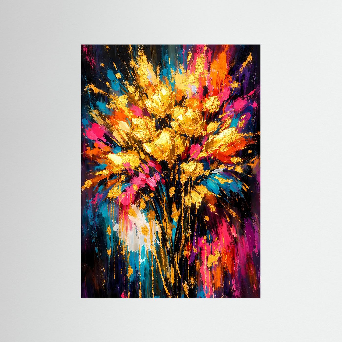 Blumenstrauß-Poster mit abstraktem Farbexplosionsmotiv und goldener Strahlwirkung im Hochformat