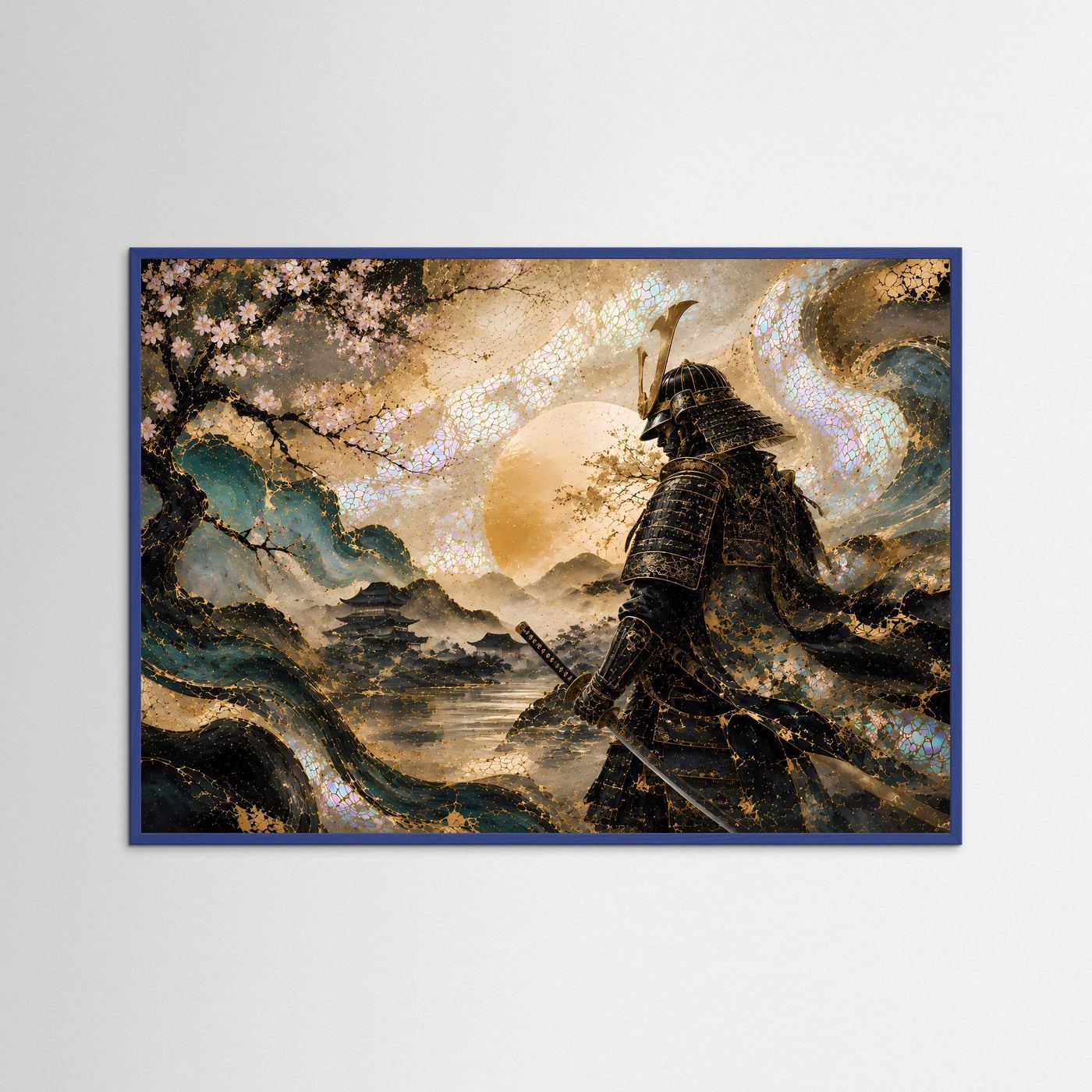 Gerahmte Wandkunst: Samurai in Rüstung, Kirschblütenzweig, goldene Landschaft, blauer Rahmen