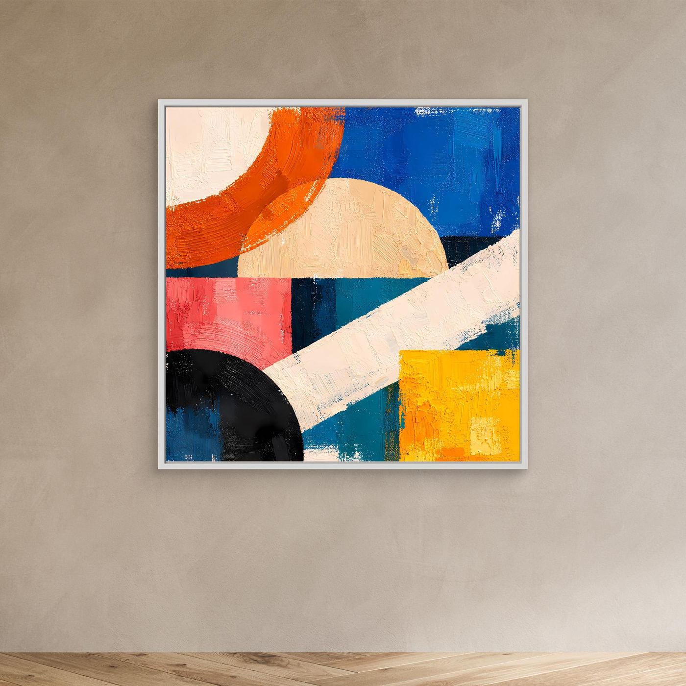 Canvas abstract geometric painting with white frame, diagonal white stripe, orange blue yellow