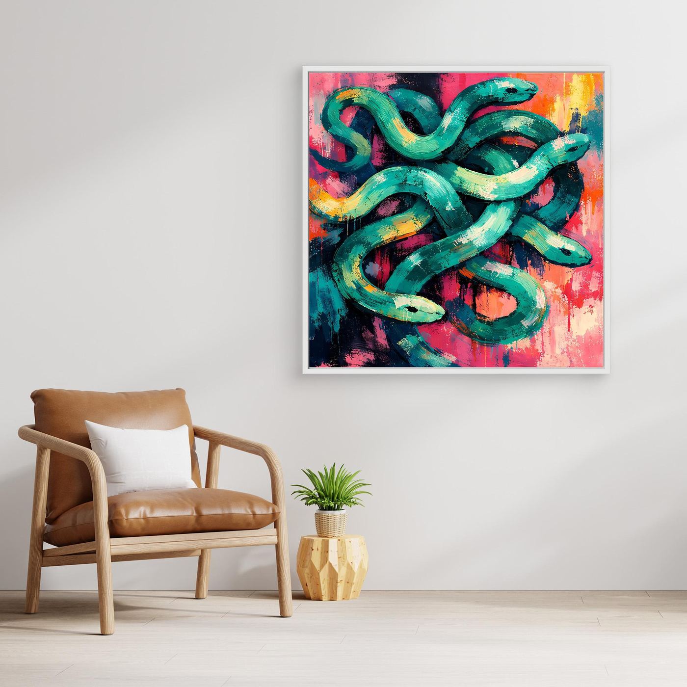 Abstract snake wall art canvas with teal sinuous forms and multicolor background.