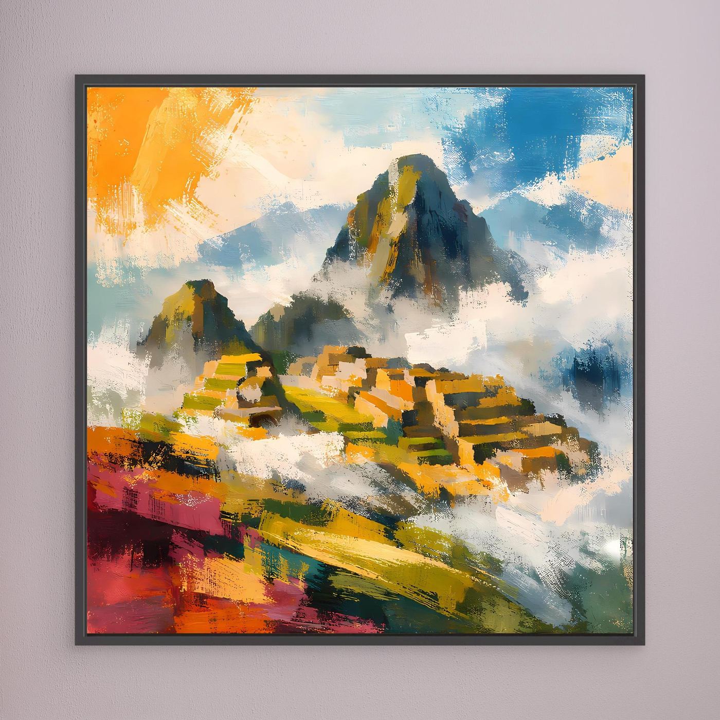 Abstraktes Wandbild mit bunten Pinselstrichen und Berglandschaft, im dunkelgrauen Rahmen