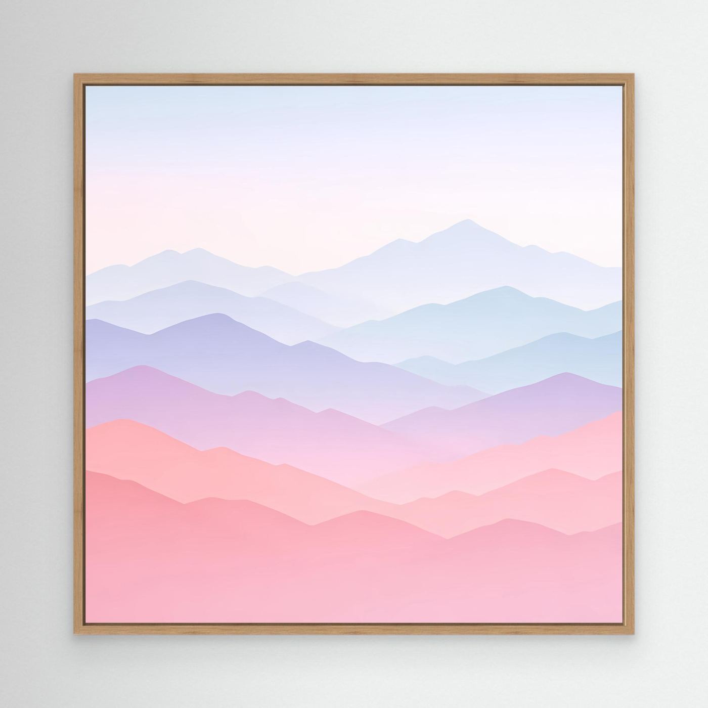 Leinwandbild Berglandschaft Pastellrosa und Blau mit hellem Eichenrahmen, minimalistisch