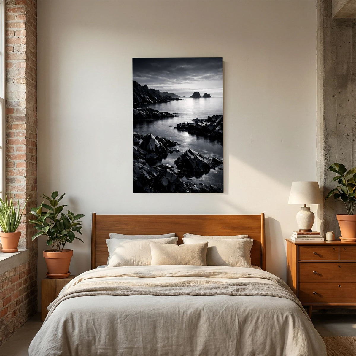Hochformatiges schwarzweißes Wandbild mit Felsküste, Kieselriffen und Meeresfläche