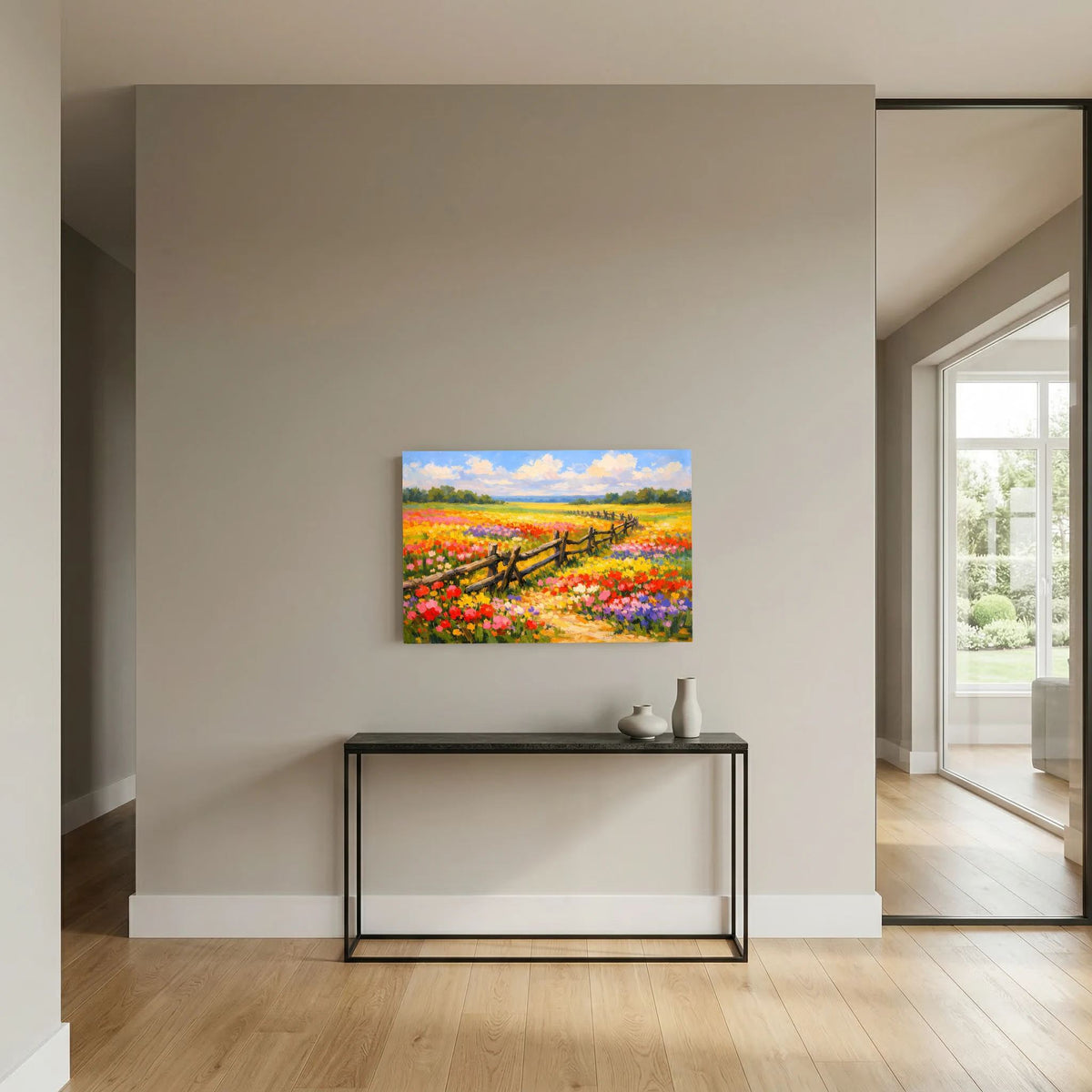 Querformatiges Wandbild mit farbenfroher Sommerwiese, Feldweg und Holzzaun
