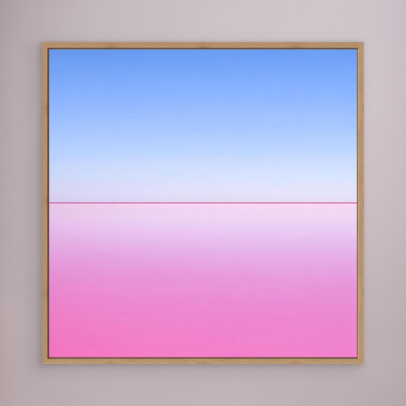 Quadratisches Leinwandbild mit Pastell-Horizont: Blau oben, Pink unten, Holzrahmen (Eiche)