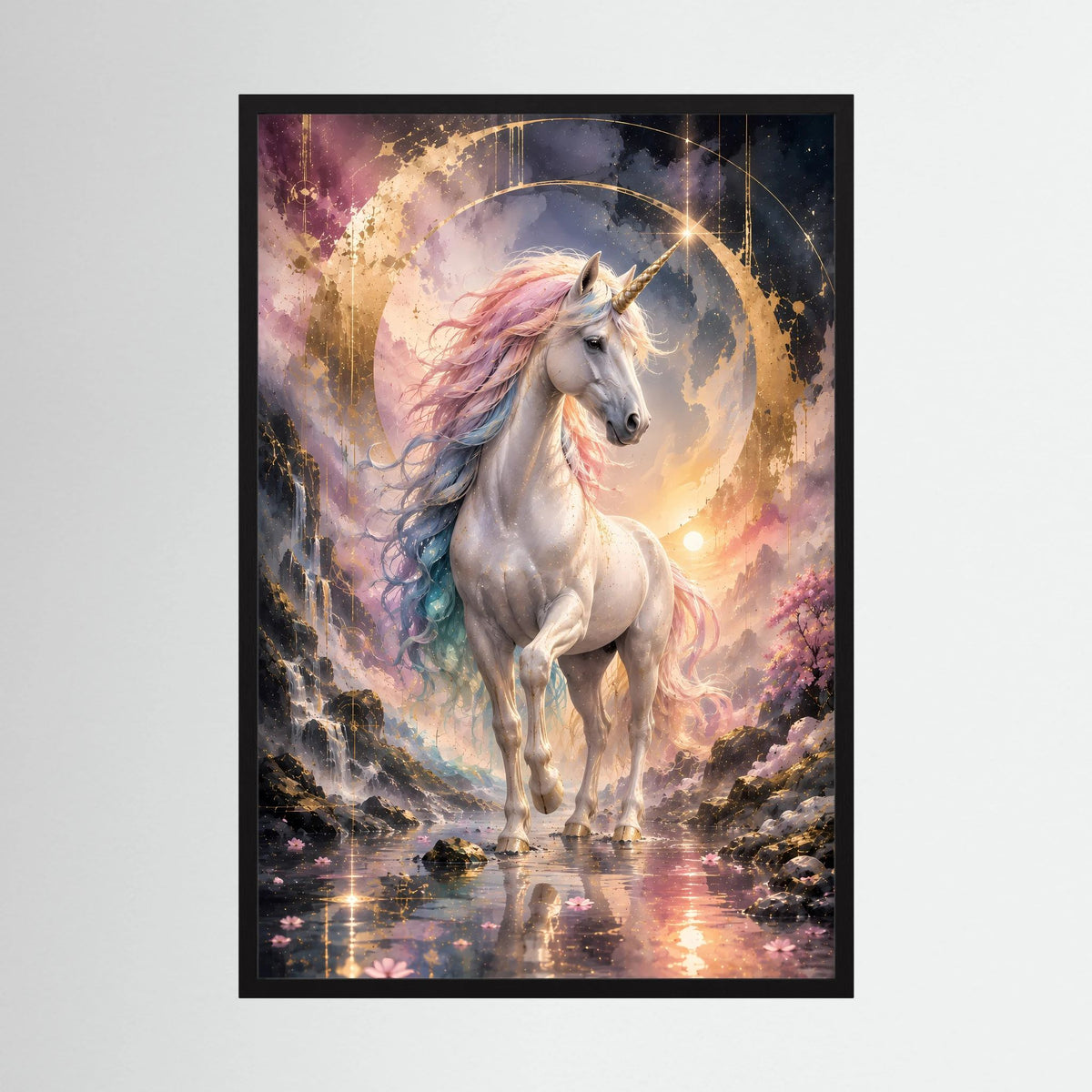 Framed Einhorn-Poster mit grauem Pferd, pastellfarbenem Fell, goldenem Lichtkreis