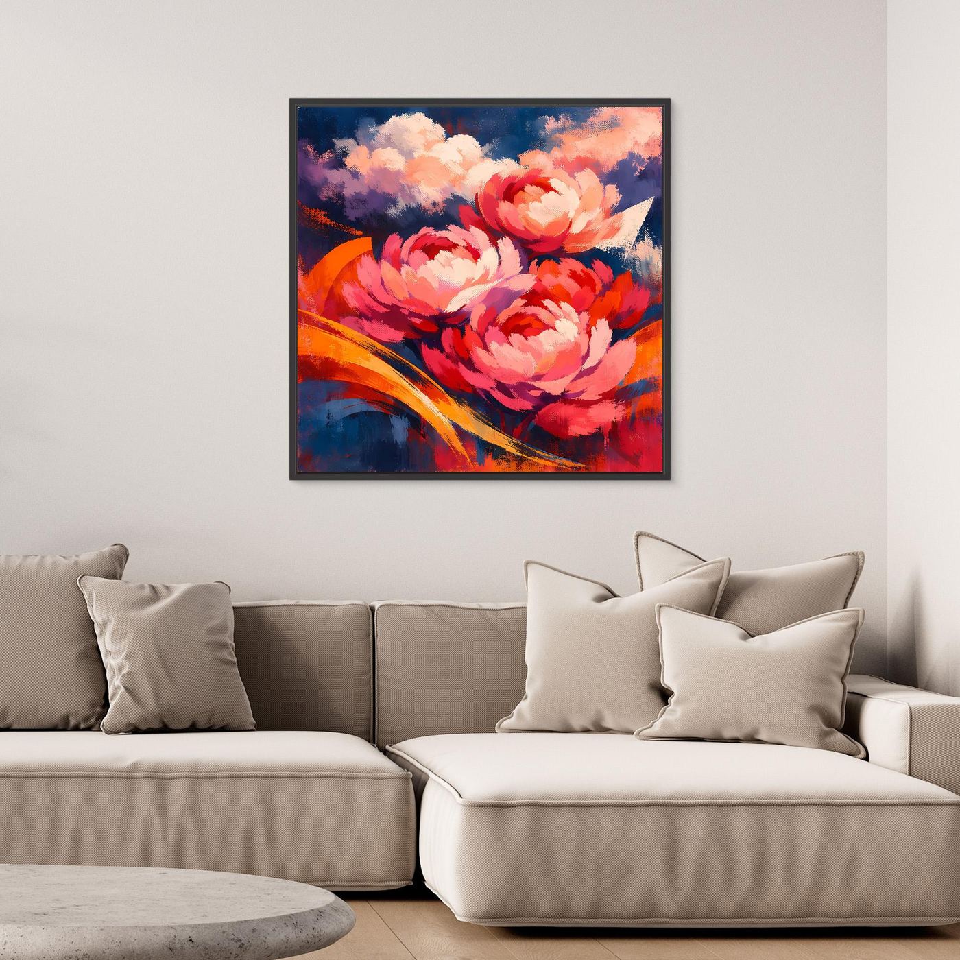 Leinwandbild mit Pfingstrosen-Motiv, abstrakt mit bunten Bögen in Rot, Orange und Blau