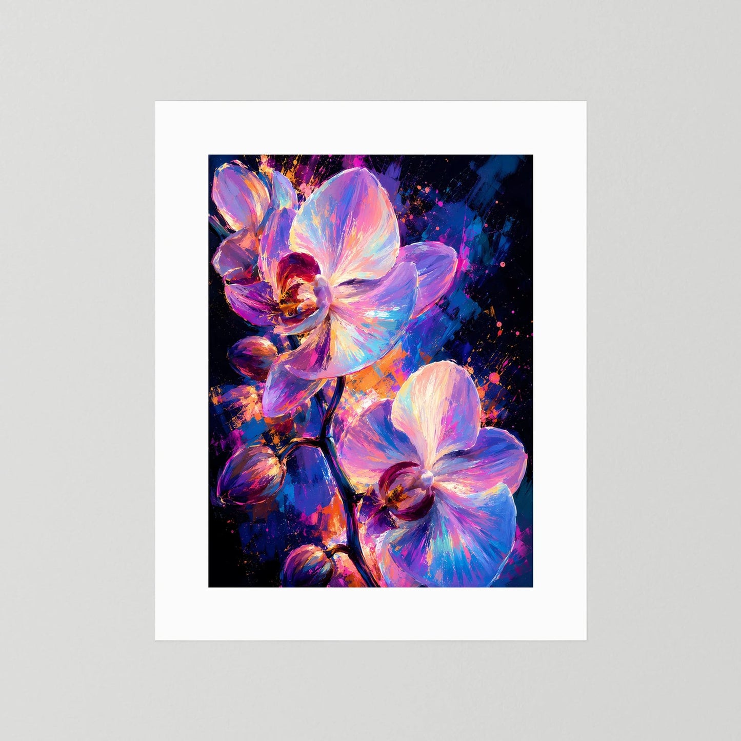 Poster mit weißem Rahmen und Orchideen-Motiv in Pink, Violett und Blau
