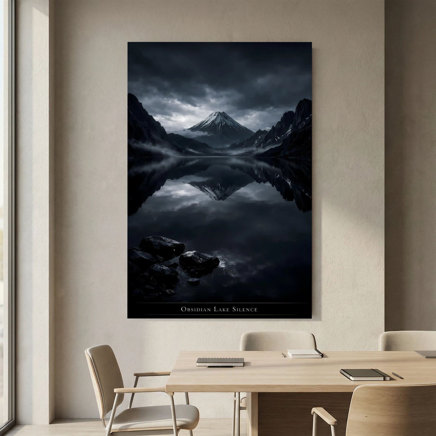 Wandposter mit dunkelblauem Rahmen und Vulkankegel-Spiegelung im See, stimmungsdunkel