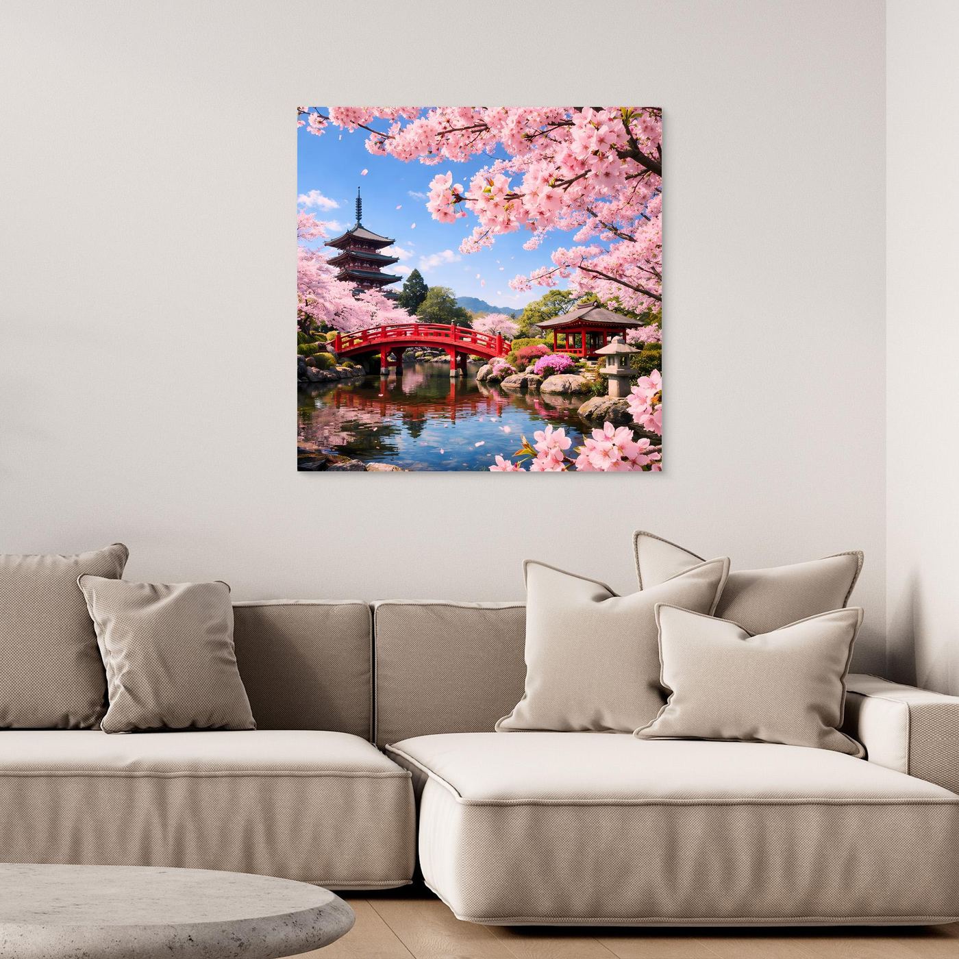 Leinwandbild mit Kirschblüten, roter Brücke und Pagode über einem Teich