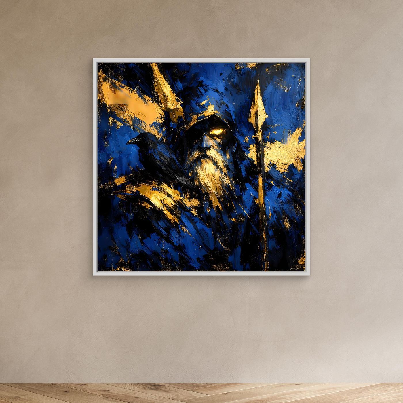 Leinwand Odin der Allvater in Blau und Gold | Modernes Nordische Mythologie Wandbild mit Rabe