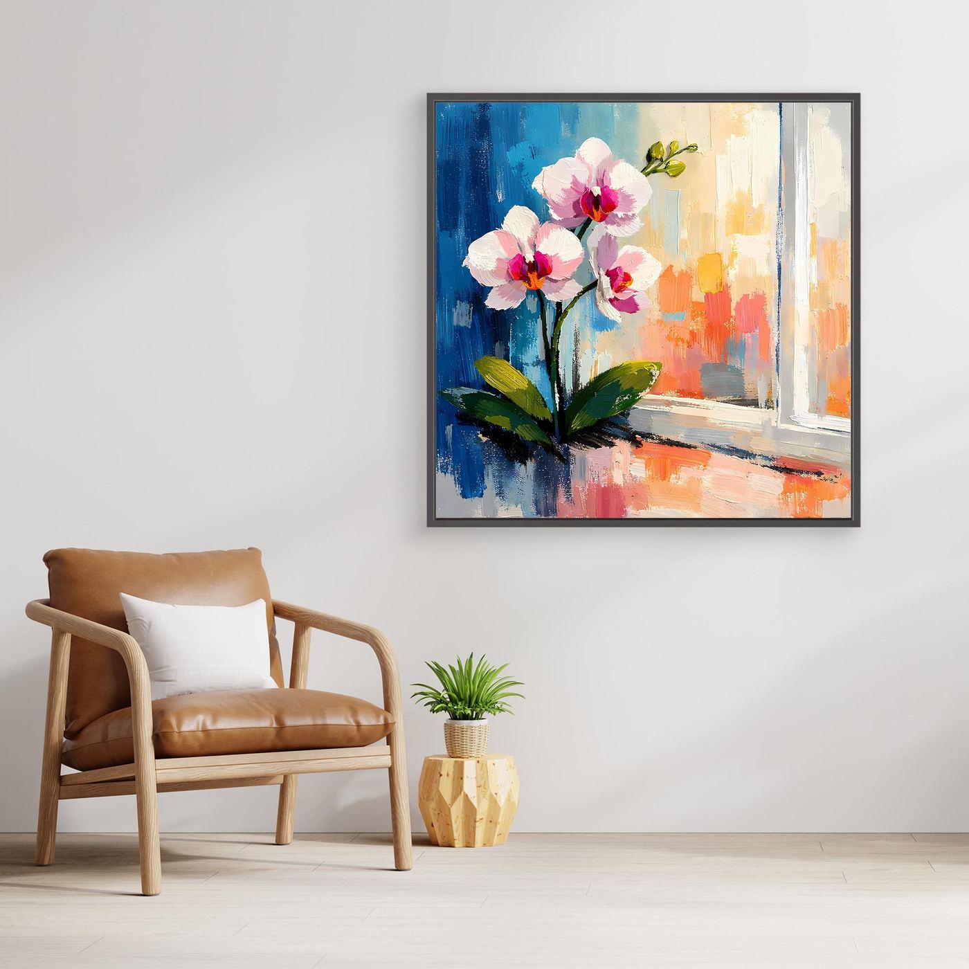 Leinwandbild mit abstrakten Orchideen am Fenster, rosa Blüten, grüne Blätter, schwarz gerahmt.