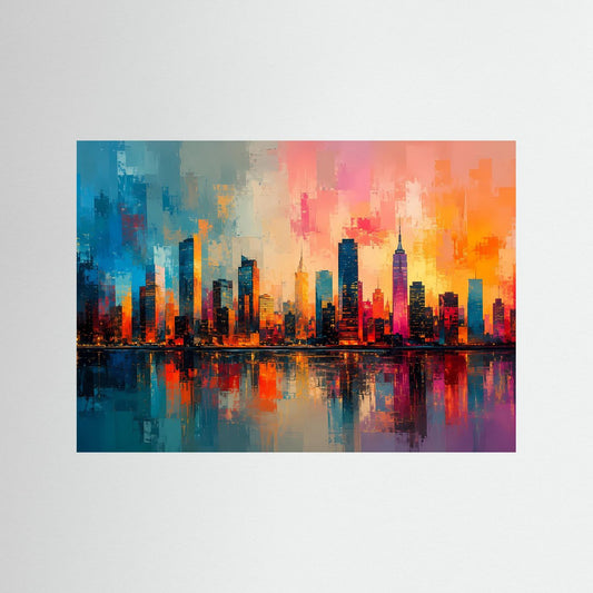 Kunstdruck Skyline bei Sonnenuntergang mit Spiegelung, abstrakt in Blau, Orange und Pink