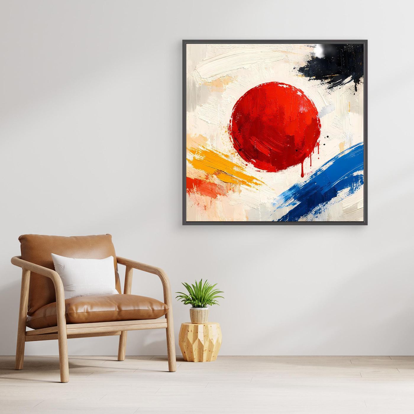 Framed abstract canvas wall art with red circular sun and blue diagonal paint strokes.