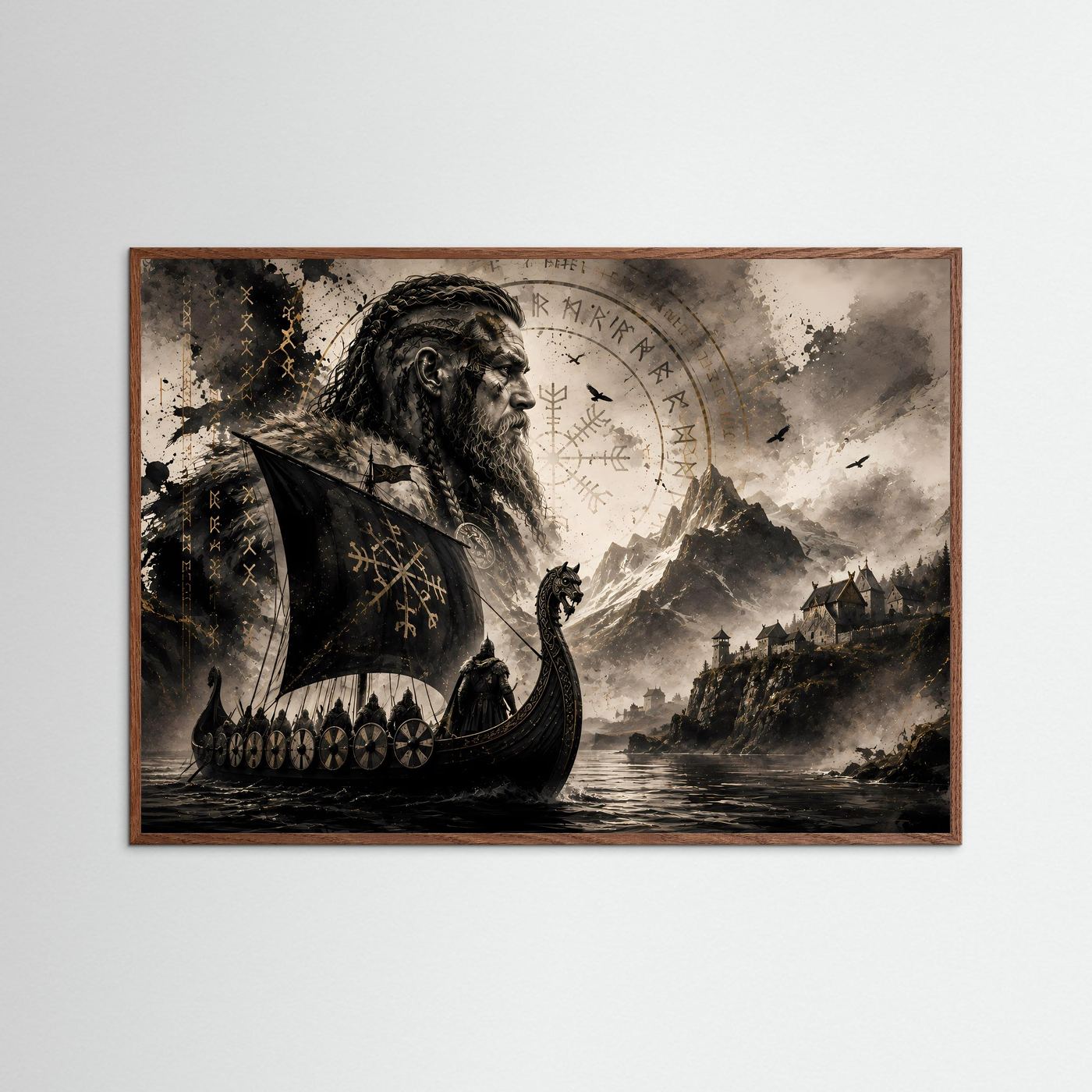 Wikinger auf Drachenboot vor nordischer Berglandschaft | Mystische Wikingerkunst mit Runen, Kriegern & Raben in Schwarz, Gold und Sepia