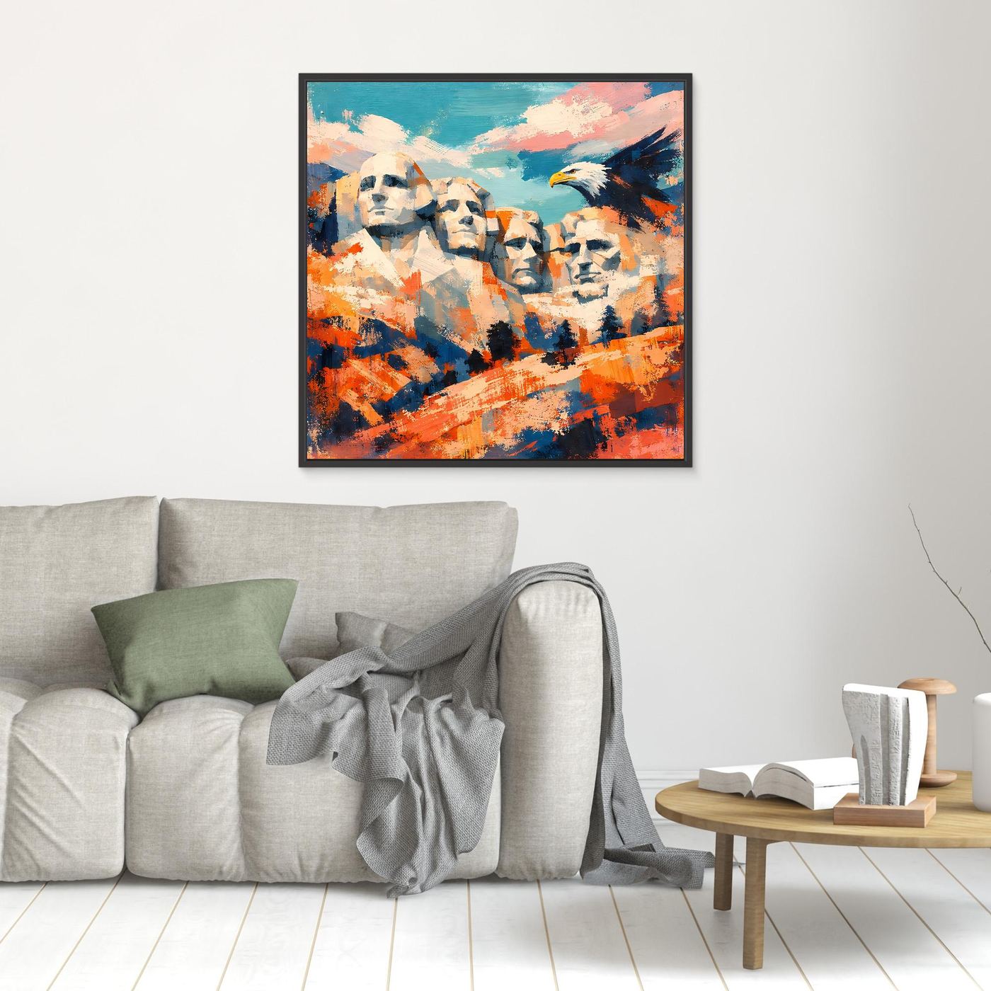 Abstraktes Leinwand-Wandbild mit Mount-Rushmore-Gesichtern und Adler, schwarz gerahmt, blau-orange