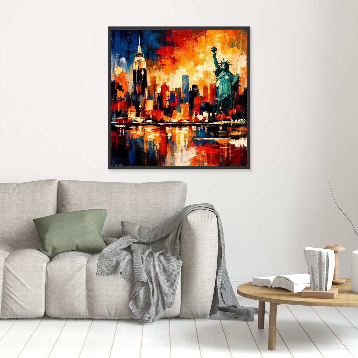 Leinwandbild mit abstrakter Skyline und Freiheitsstatue, schwarz gerahmt