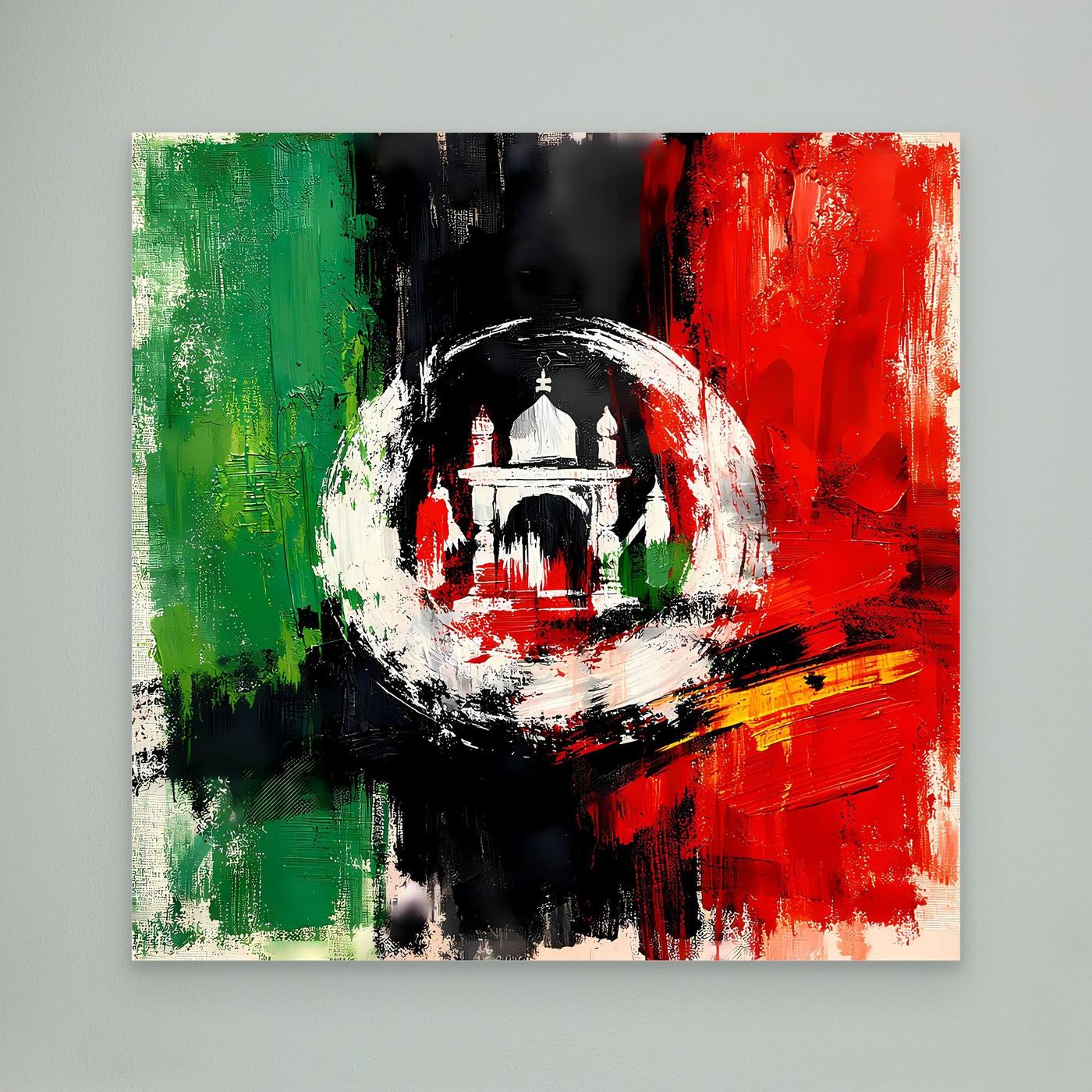 Abstract Afghanistan flag canvas wall art, central white emblem circle with building silhouette