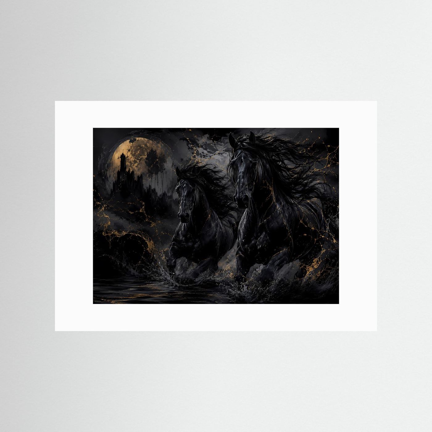 Schwarze Pferde Poster | Mystische Pferde Wandkunst mit Vollmond | Dunkle Fantasy Pferde | Eleganter Gothic Kunstdruck