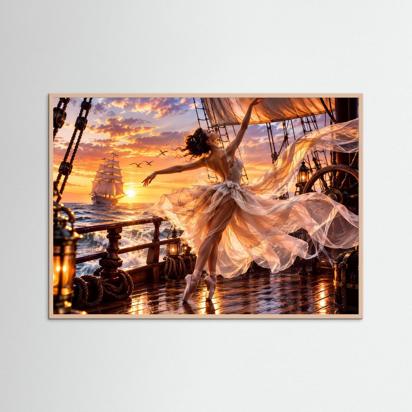 Ballerina auf Segelschiff Poster | Romantische Meereskunst | Sonnenuntergang Wandbild | Elegante Tanzkunst | Premium Leinwandbild