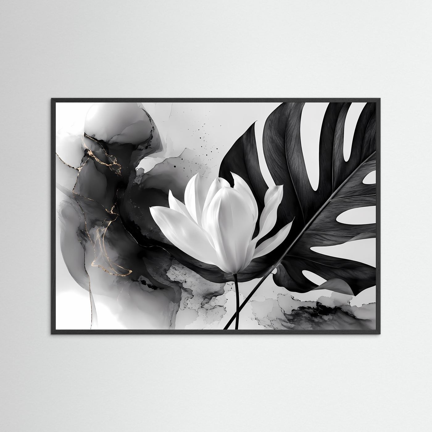 Schwarz Weiß Lotus Poster | Monstera Botanical Wandkunst | Minimalistische Blumen Kunst | Moderne Leinwand | Monochrome Natur mit Goldakzenten