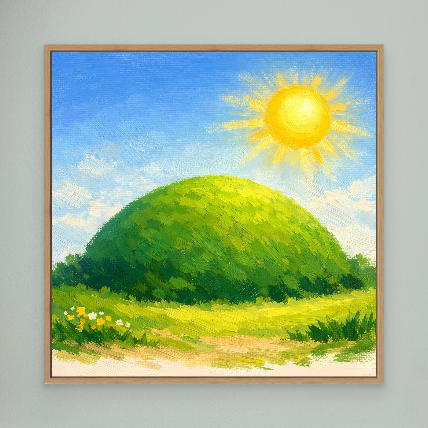 Leinwandbild mit Eichenrahmen: grüner Hügel, gelbe Sonne, Blumenwiese
