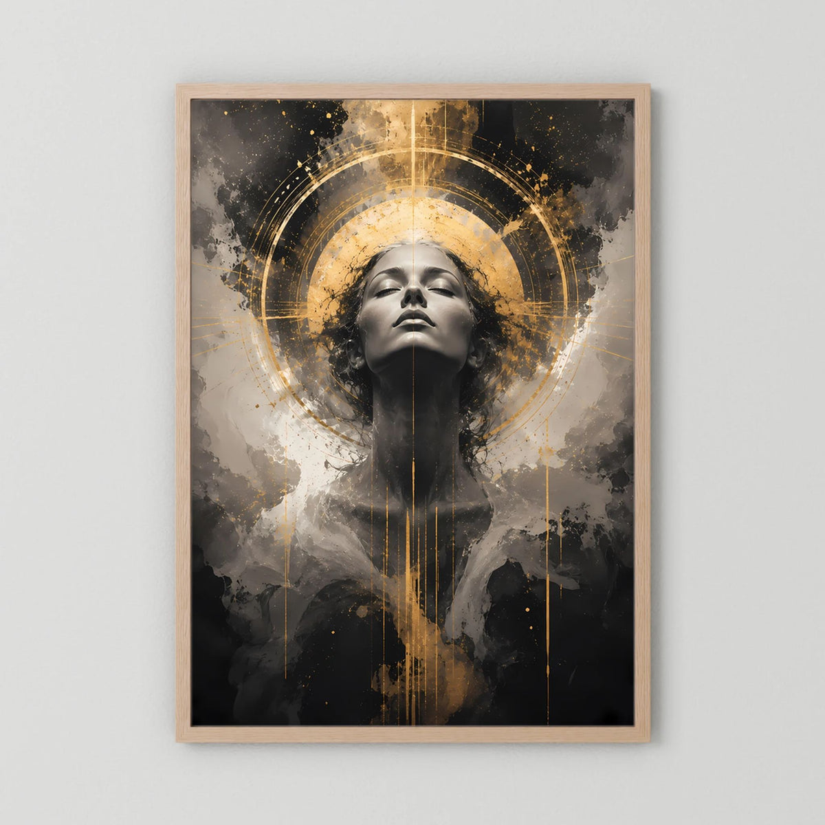 Poster mit abstraktem Frauengesicht in Schwarz und Gold mit goldenem Kreis, hölzerner Rahmen