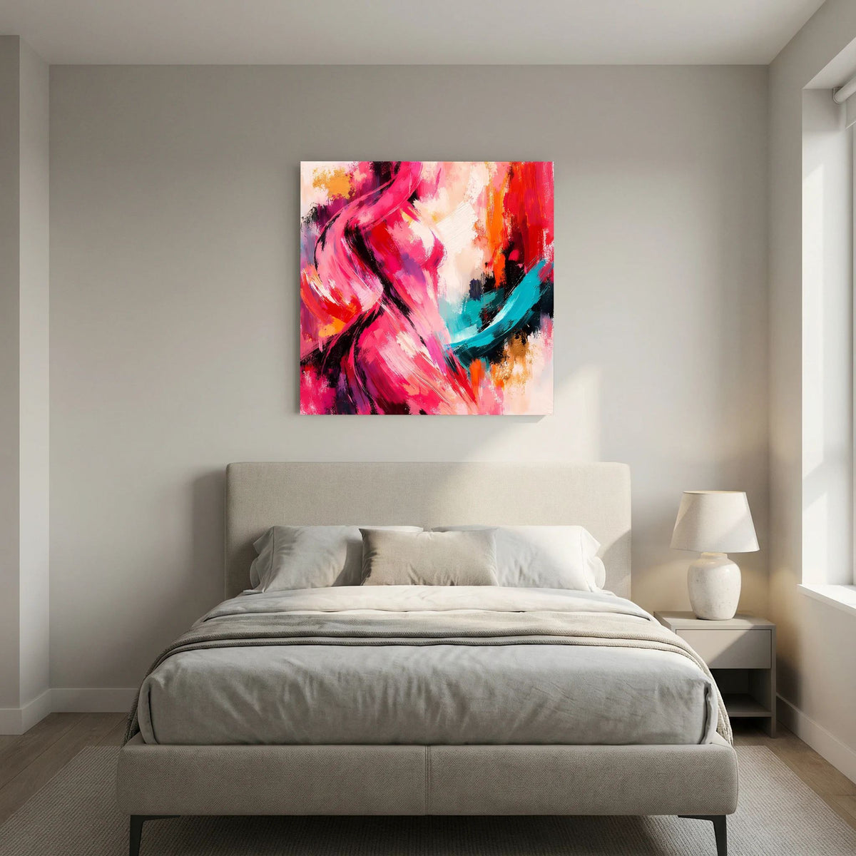 Leinwandbild auf Holzkeilrahmen mit abstrakter weiblicher Silhouette, pinke Pinselstriche und Schwarz