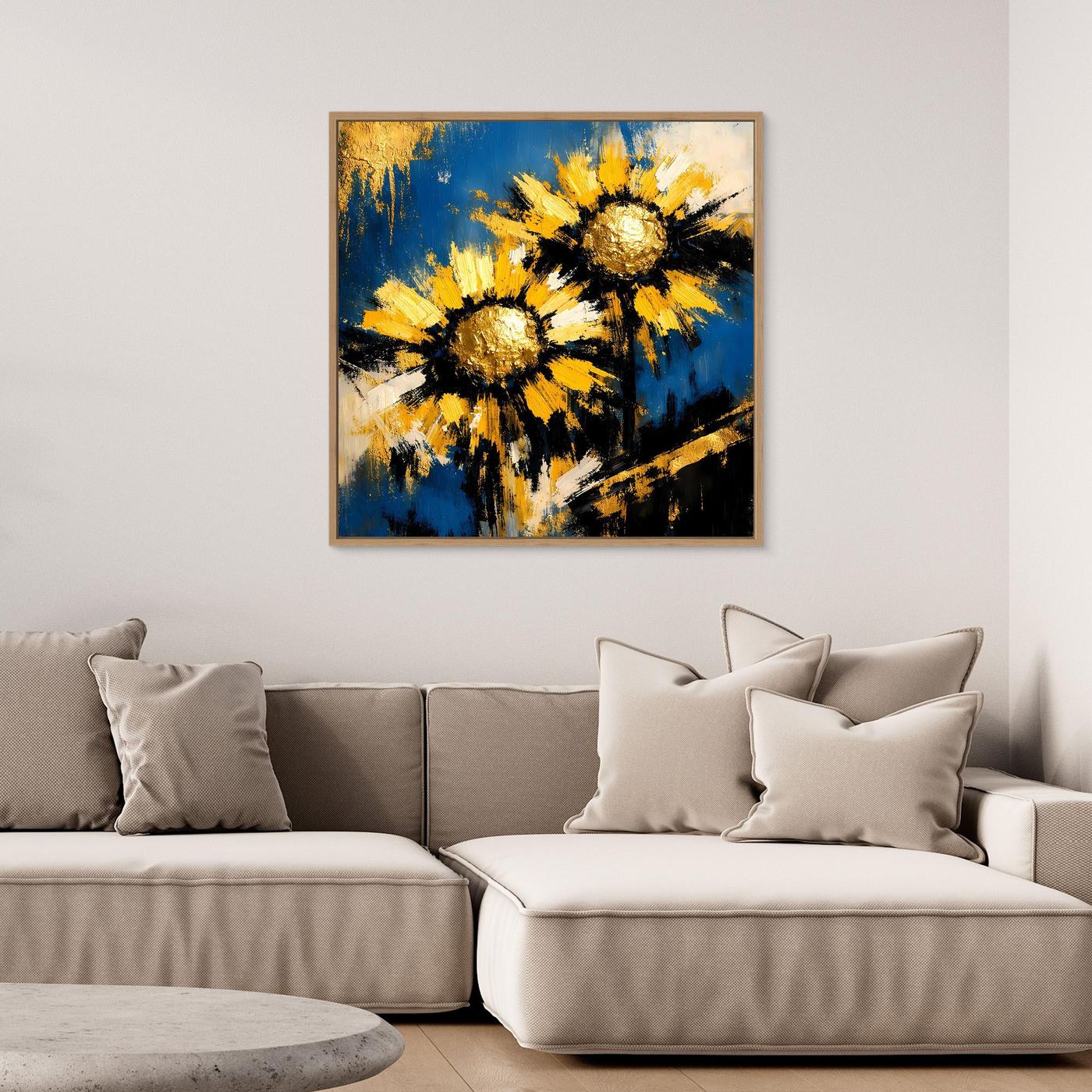 Leinwand-Wandbild mit abstrakten Sonnenblumen in Blau, Gelb und Gold im Eichenrahmen